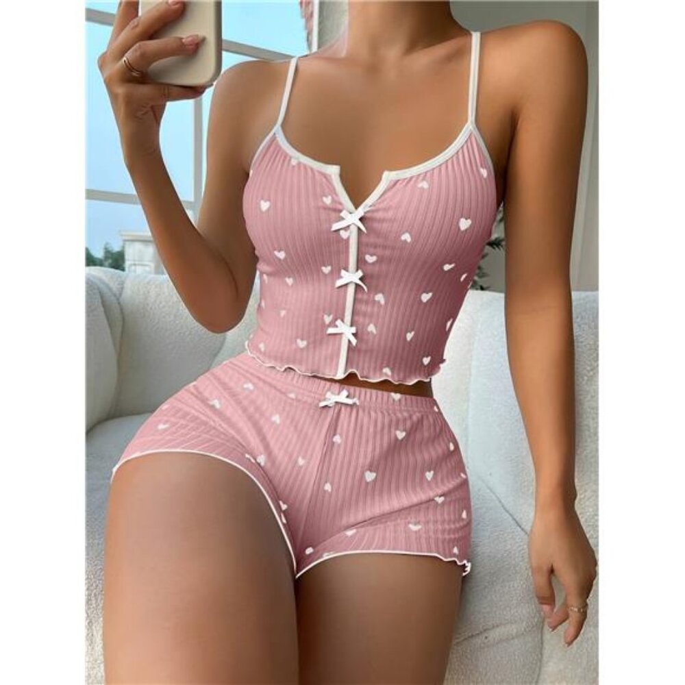 Women's Heart Print Frill Trim Sexy Ribbed Pajama Set, Bow Decor Notched Neck